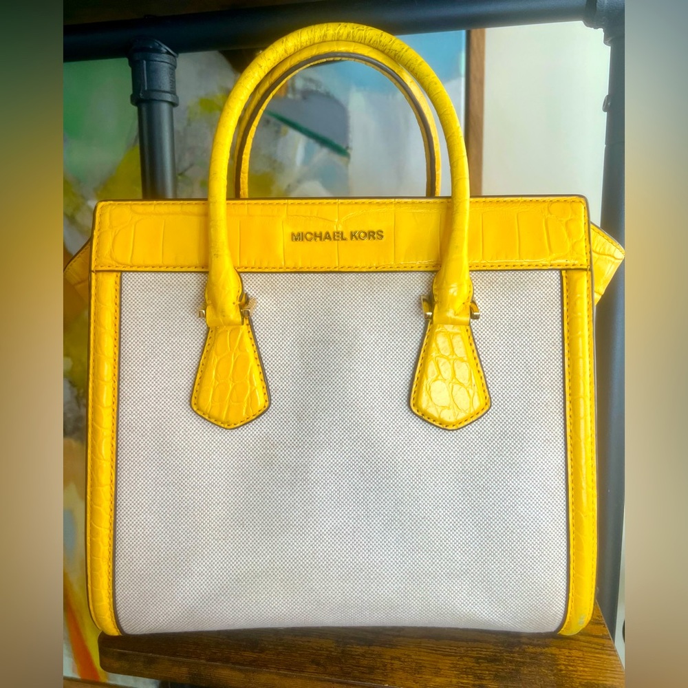 Michael Kors Colette Ecru Sun Large Canvas Leather Satchel Bag - Picture 2 of 9